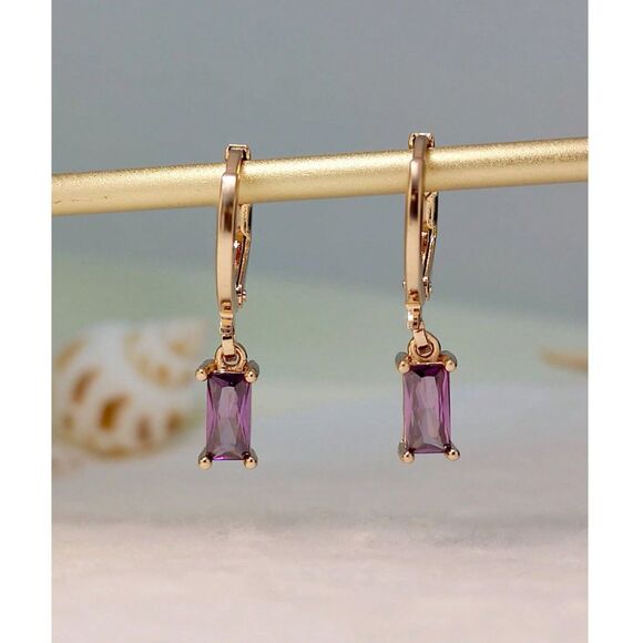 Emerald Cut Amethyst Purple Glass Drop Earrings Dangle Gold Pendant Delicate - Picture 1 of 6